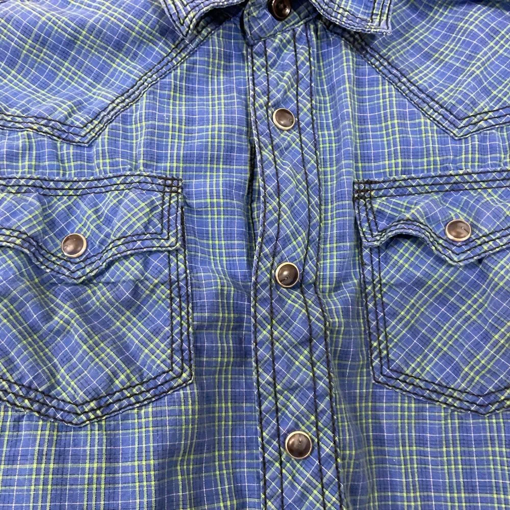 Wrangler Pearl Snap Western Shirt Youth boys size M 29” chest Blue plaid